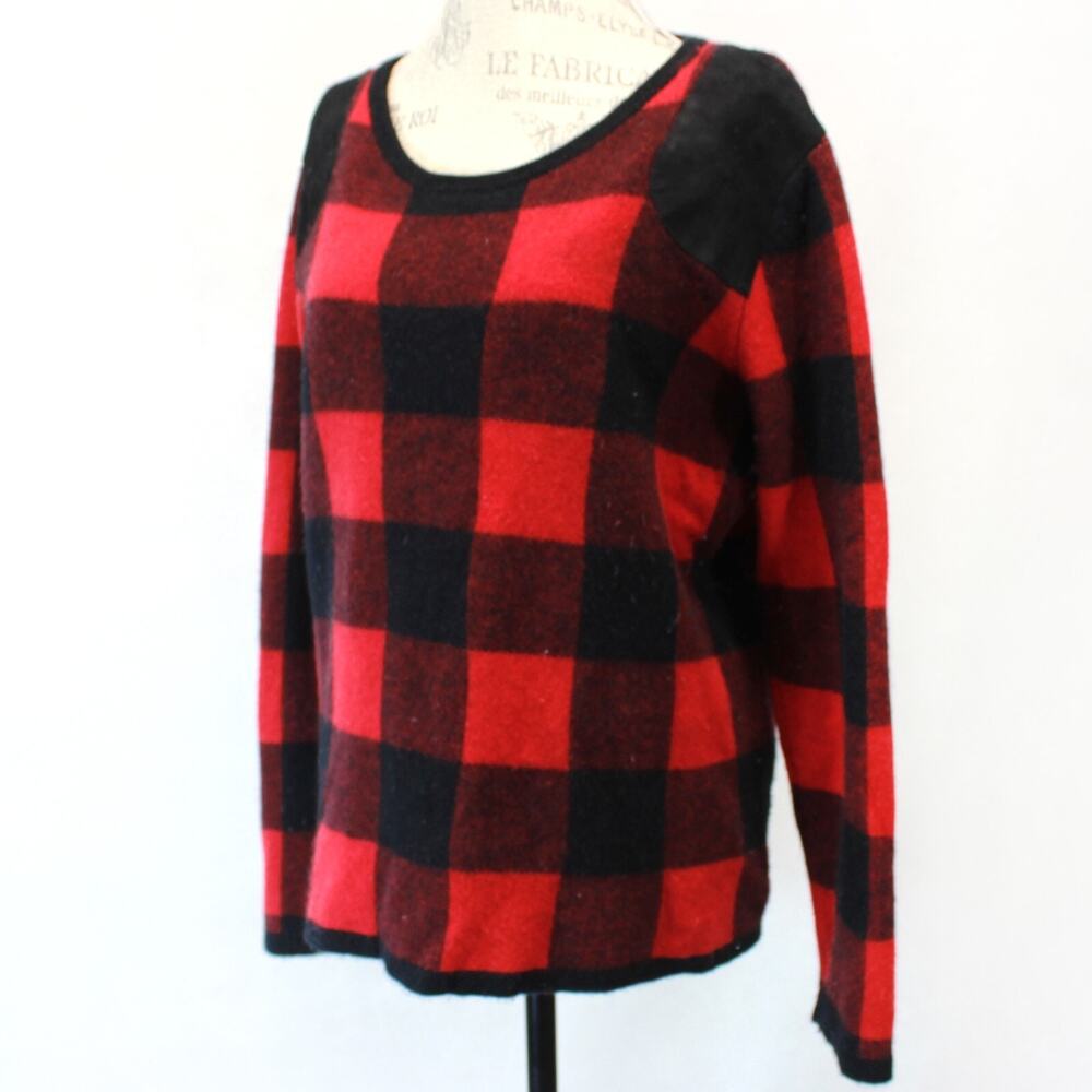 Orvis Wool Cashmere Black/Red Plaid Crew Neck Leather Patches Sweater XL